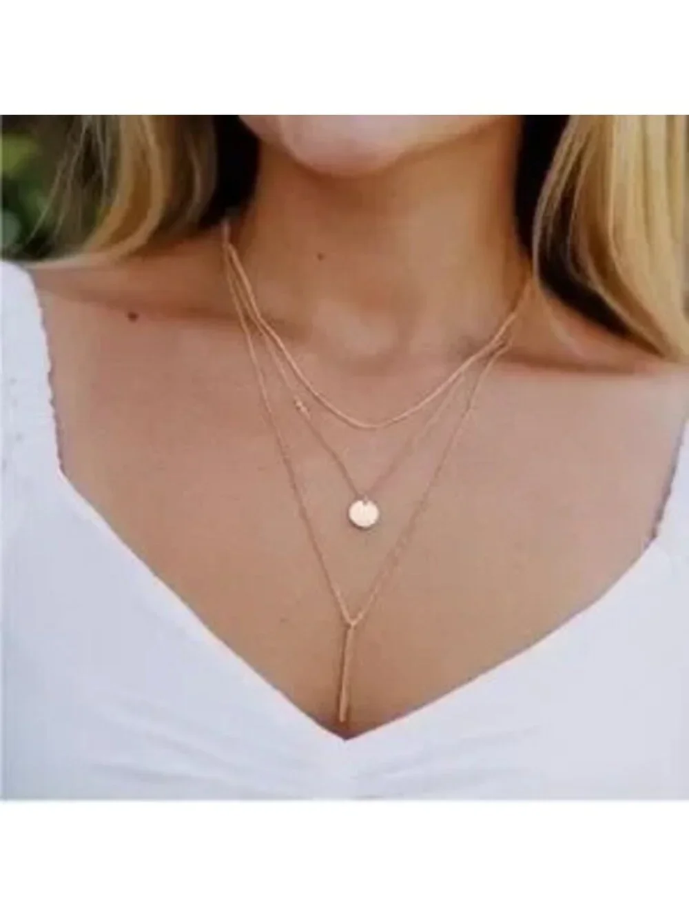 Gold 14k Gold Plated 3pc Bar Disc Necklace Set